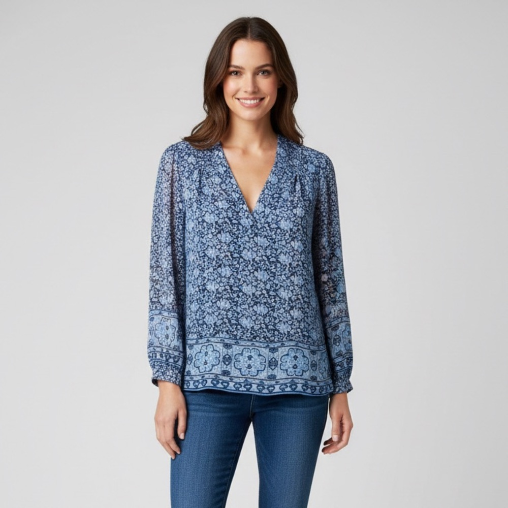 Joie‎ Frazier 100% Silk Top Blouse Balloon Sleeve Boho V-Neck Classic Floral